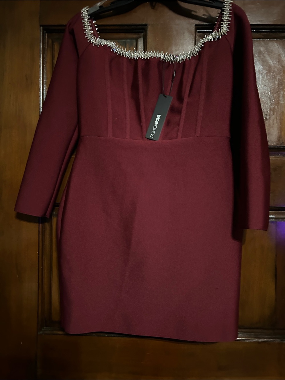 Fashion Nova Burgundy Long-Sleeve Jewel Neck Dress